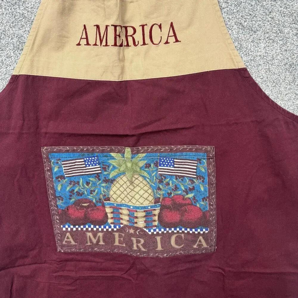 Vtg Y2K Bib Apron One Size Red Tan Americana Country Farmhouse Kitchen Folk Art